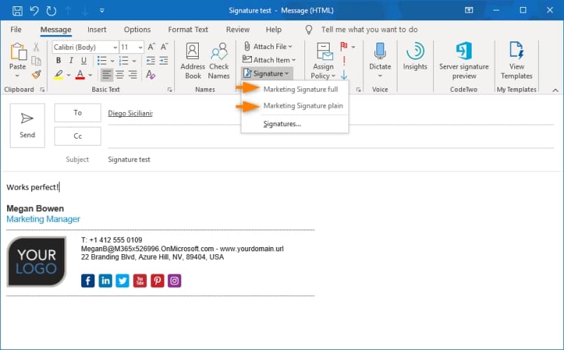 Manage signatures - Add signatures in Outlook (client-side mode) | CodeTwo Email Signatures for Office 365 User's manual